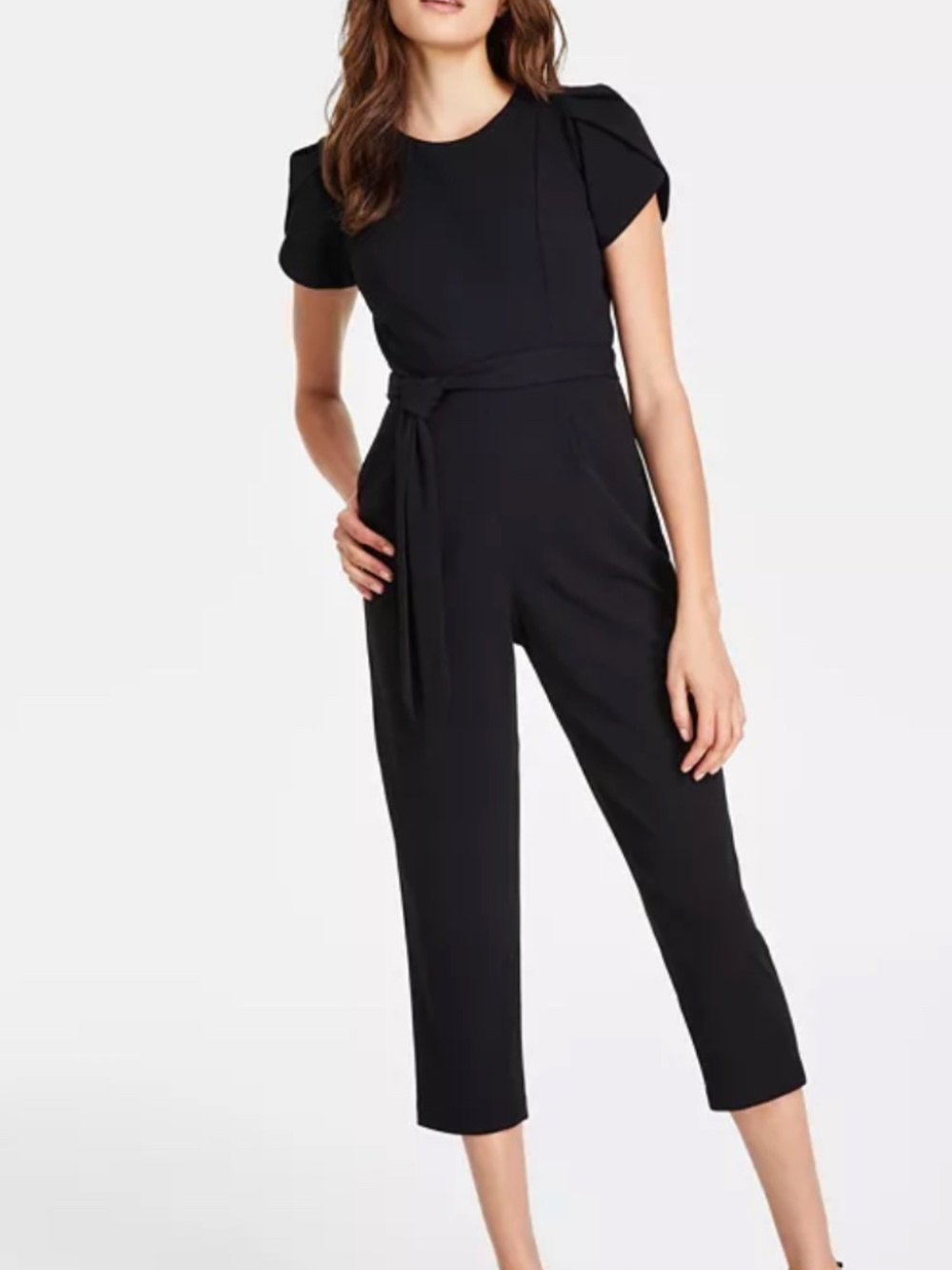 Calvin Klein Petite Puff-Sleeve Belted Jumpsuit - Size 6P. Black NWT